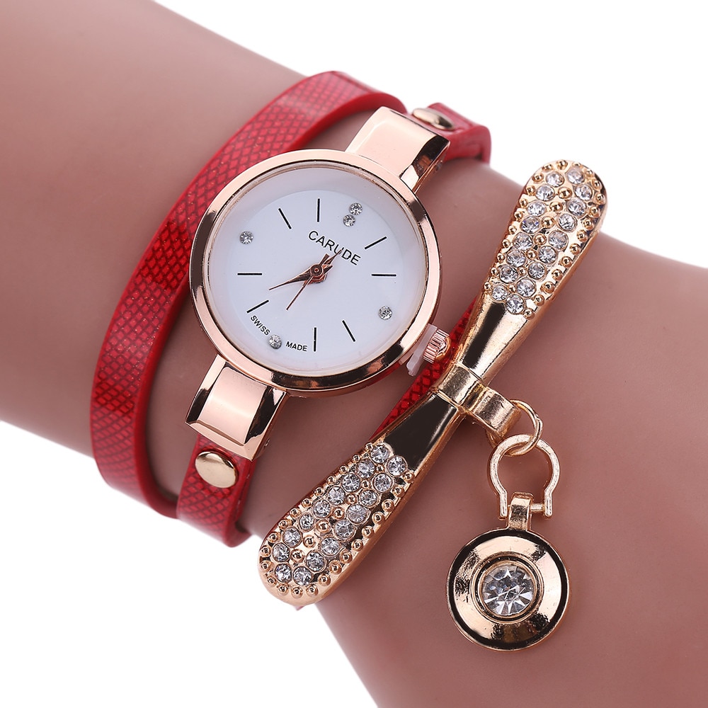 Women Leather Rhinestone Analog Quartz Wrist Watches - Javsh